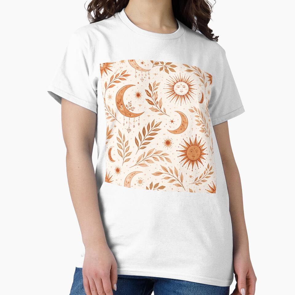 Boho Earth Pattern – Sun Moon & Leaves Terracotta Seamless Design by OpenDreamArts