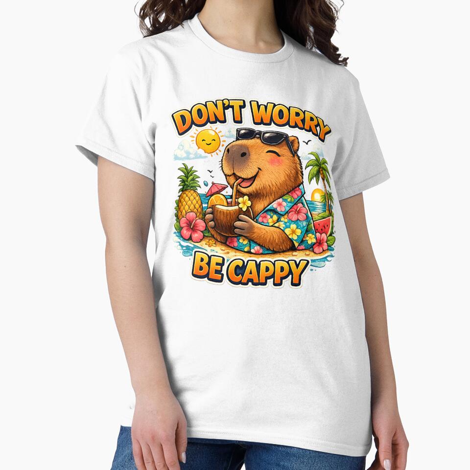 DON’T WORRY BE CAPPY – Cute Capybara Drinking Cocktail | Funny Tropical Summer T-Shirt by Respawn Society