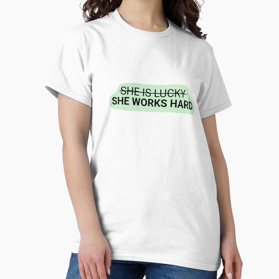She is lucky, she works hard in green, Quotes | Minimalistic Tattoo Design Style, Line Art Illustration by bymtsef