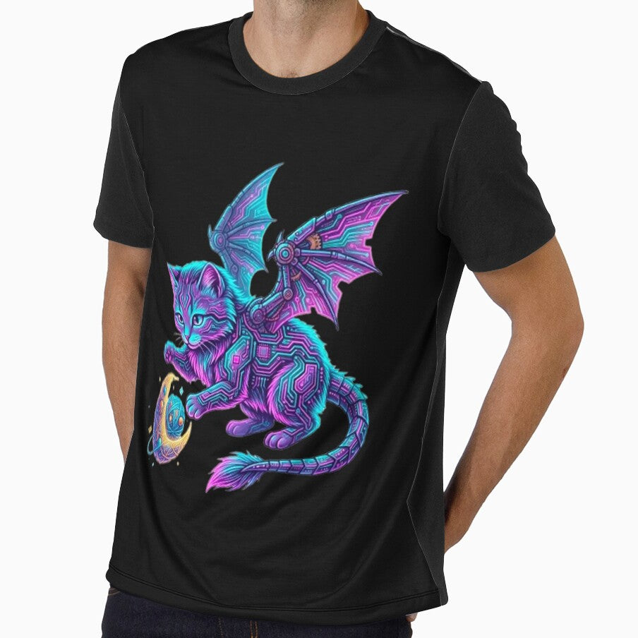 Celestial Dragon-Cat - Cyberpunk Winged Kitten & Moon Yarn Ball Art by MT-Hub | Art for Every Soul