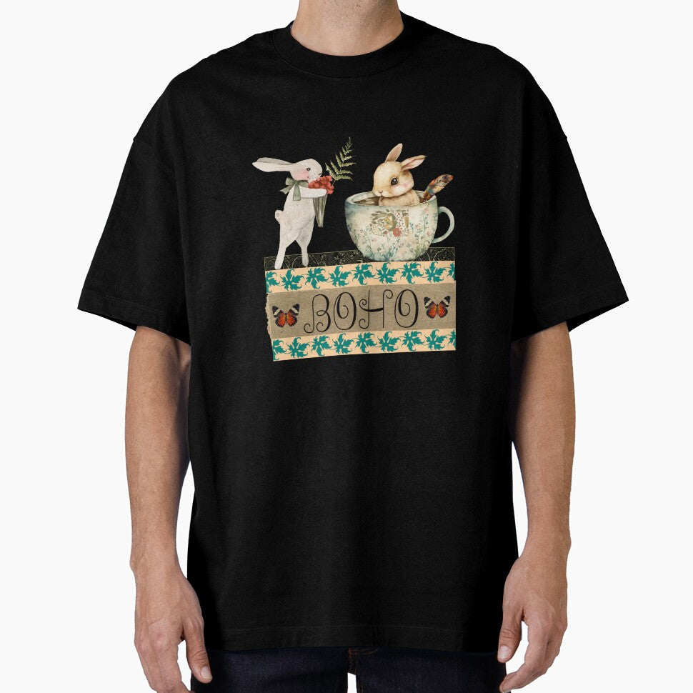 Elegant Boho Rabbit Tea Cup Collage T-Shirt - BOHO by GorinART
