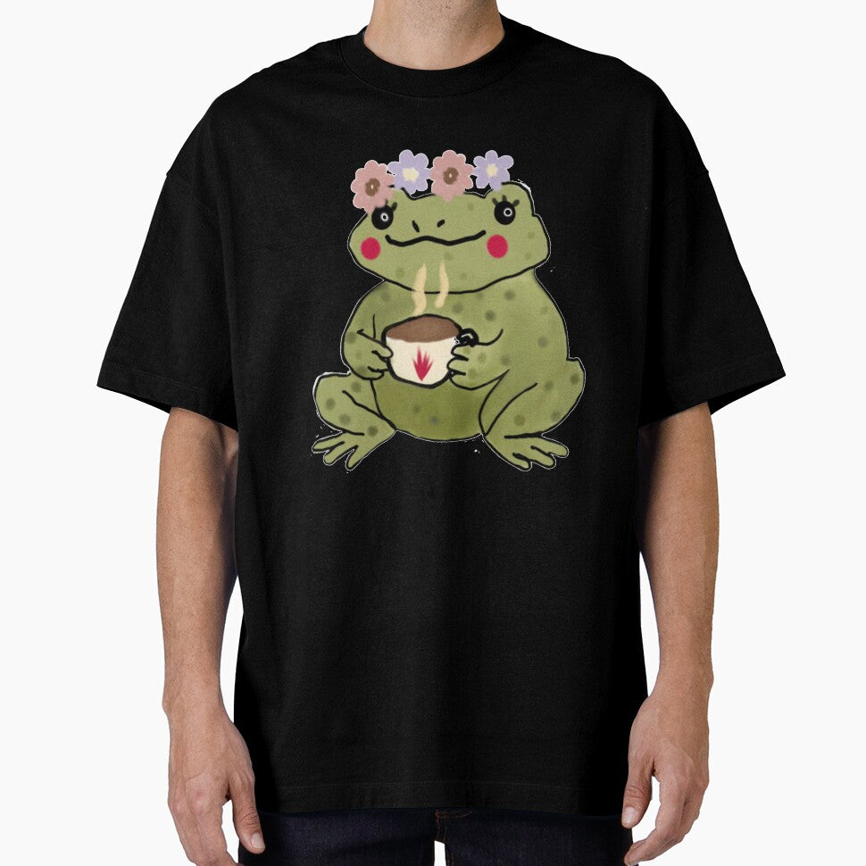 Cozy Frog with Flower Crown and Tea – Cottagecore Vibes by spisc01