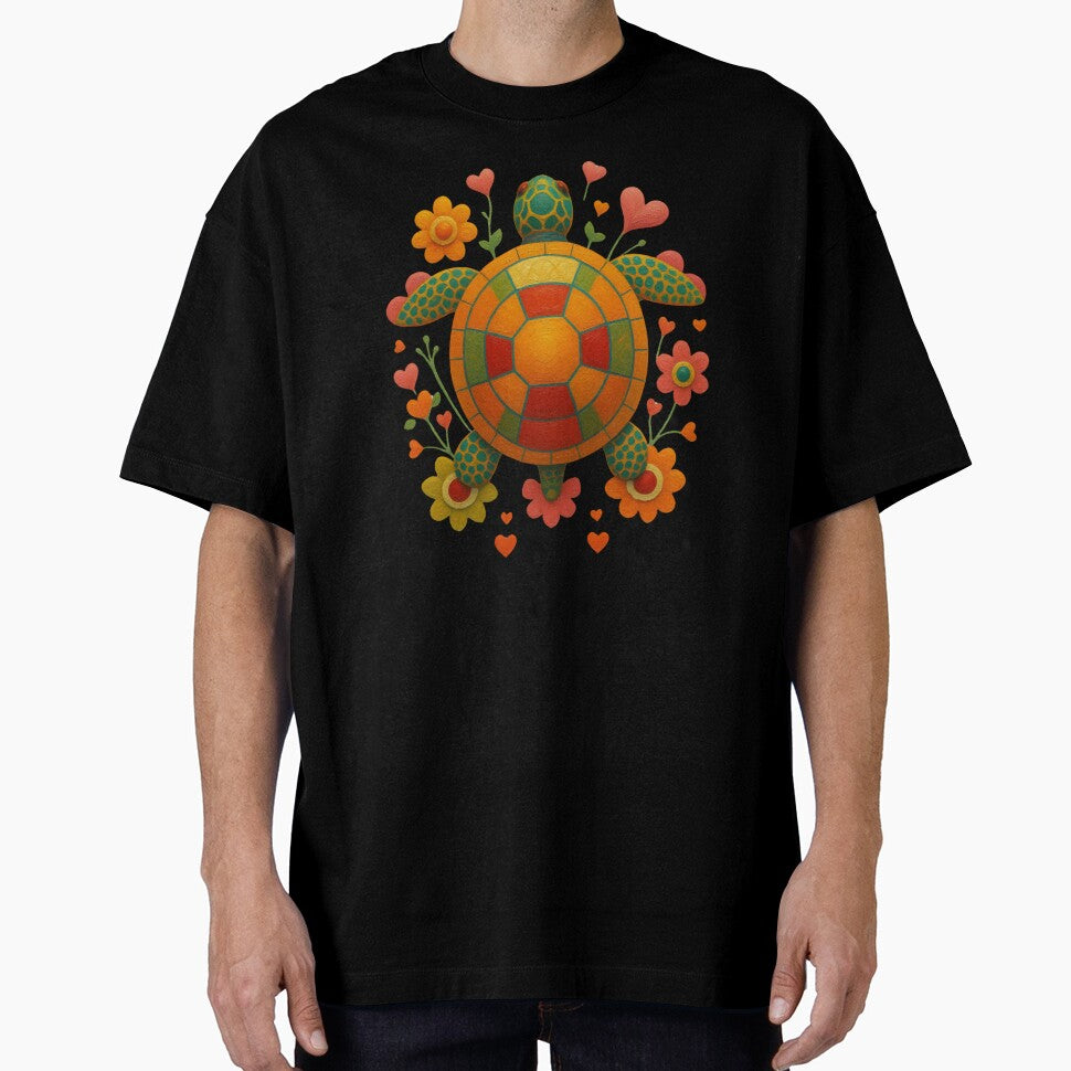 Colorful Folk Turtle with Flowers – Cute Boho Nature Design by M22--