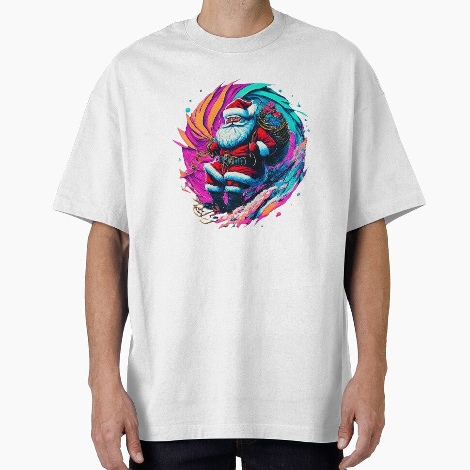 Vibrant Santa Claus design , Santa riding the cosmic wave , Colorful and fun festive , Unique Christmas gift by Indyadizine