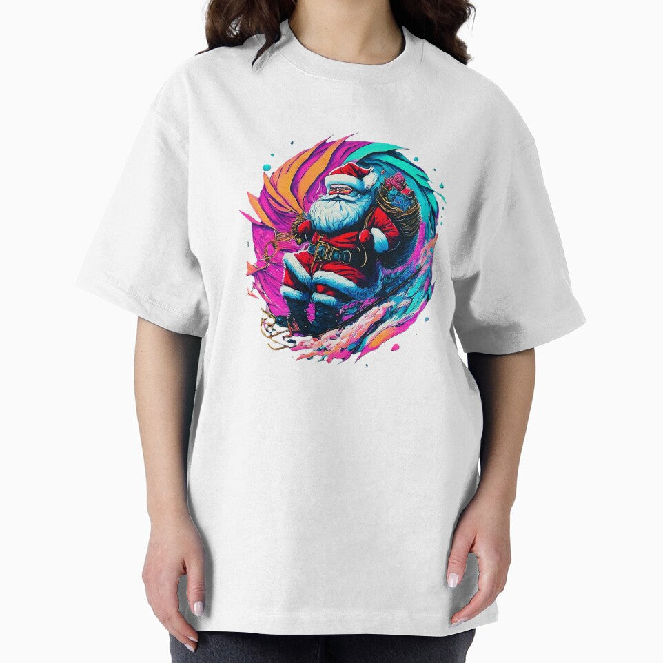 Vibrant Santa Claus design , Santa riding the cosmic wave , Colorful and fun festive , Unique Christmas gift by Indyadizine